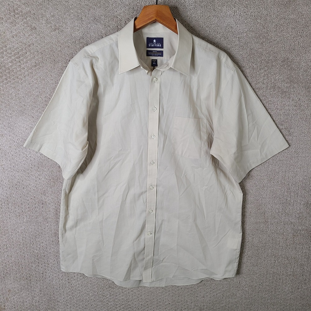 Stafford Shirt Men 17.5 Beige Regular Fit Button Down Cotton Blend Travel Casual